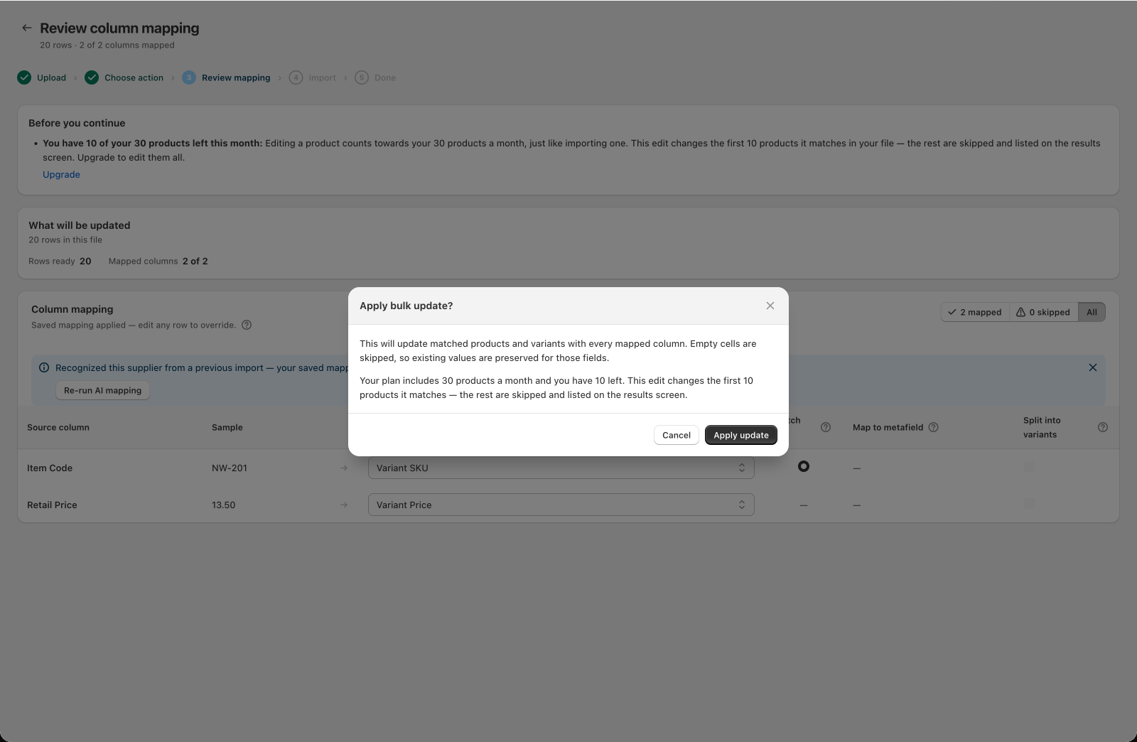 The bulk edit confirmation showing how many of the month's products are left