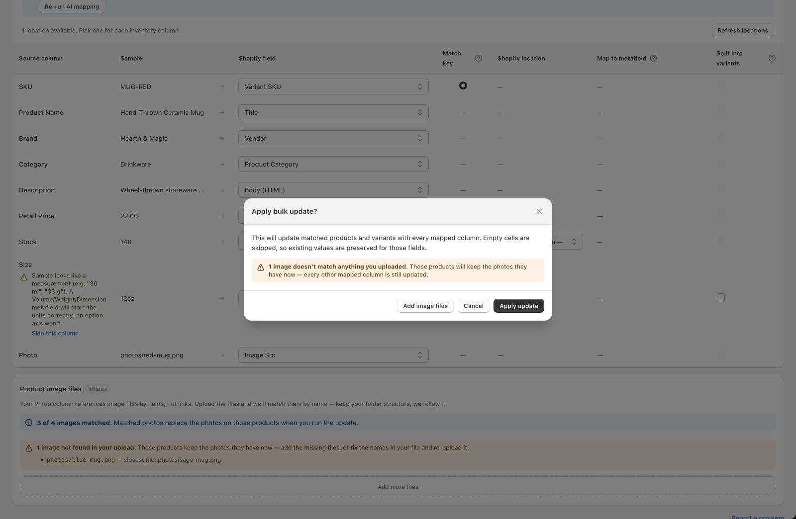 The Apply bulk update dialog warning that one image doesn't match anything uploaded