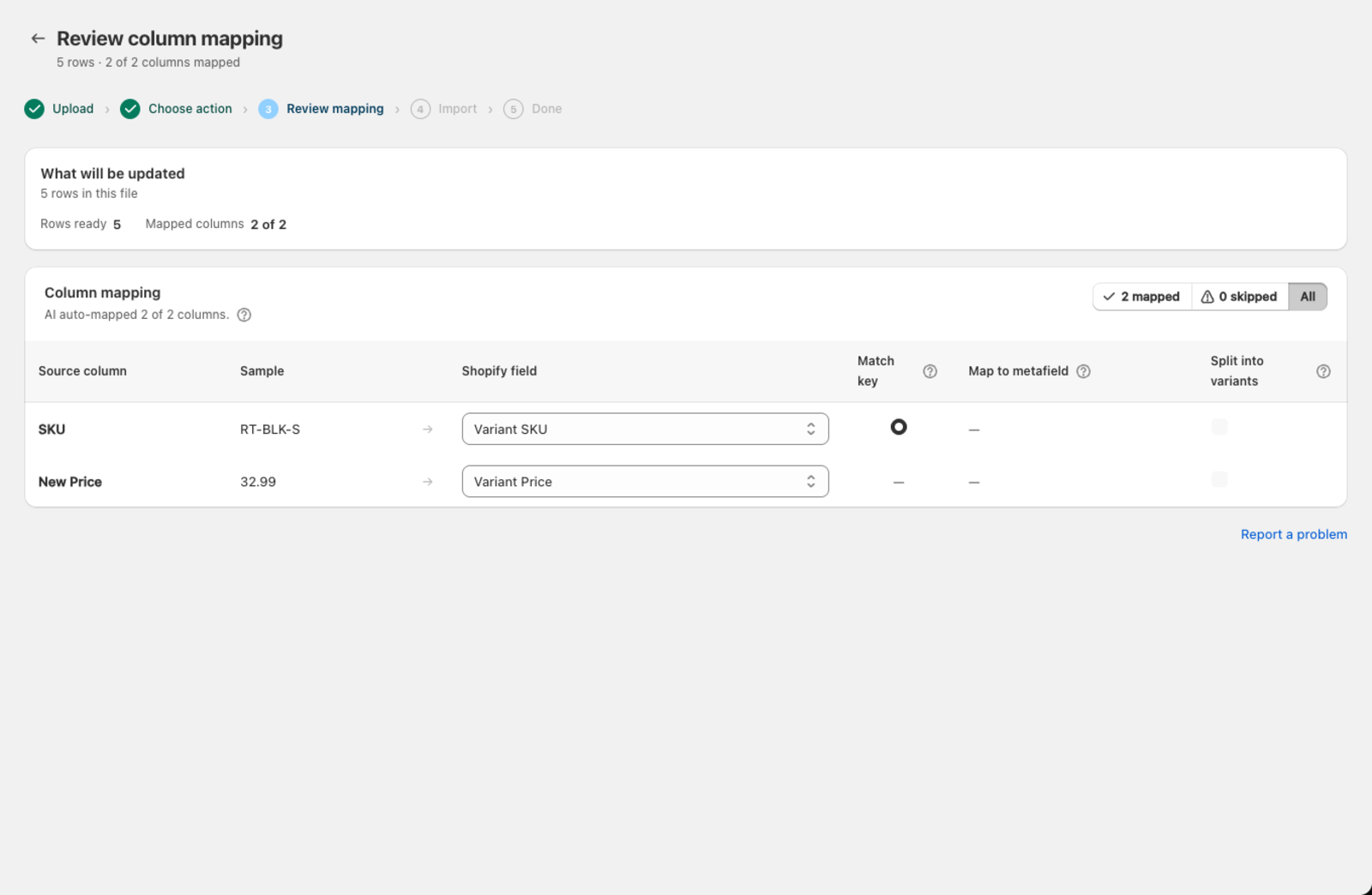 The Bulk edit mapping screen — SKU chosen as the match key, New Price mapped to Variant Price
