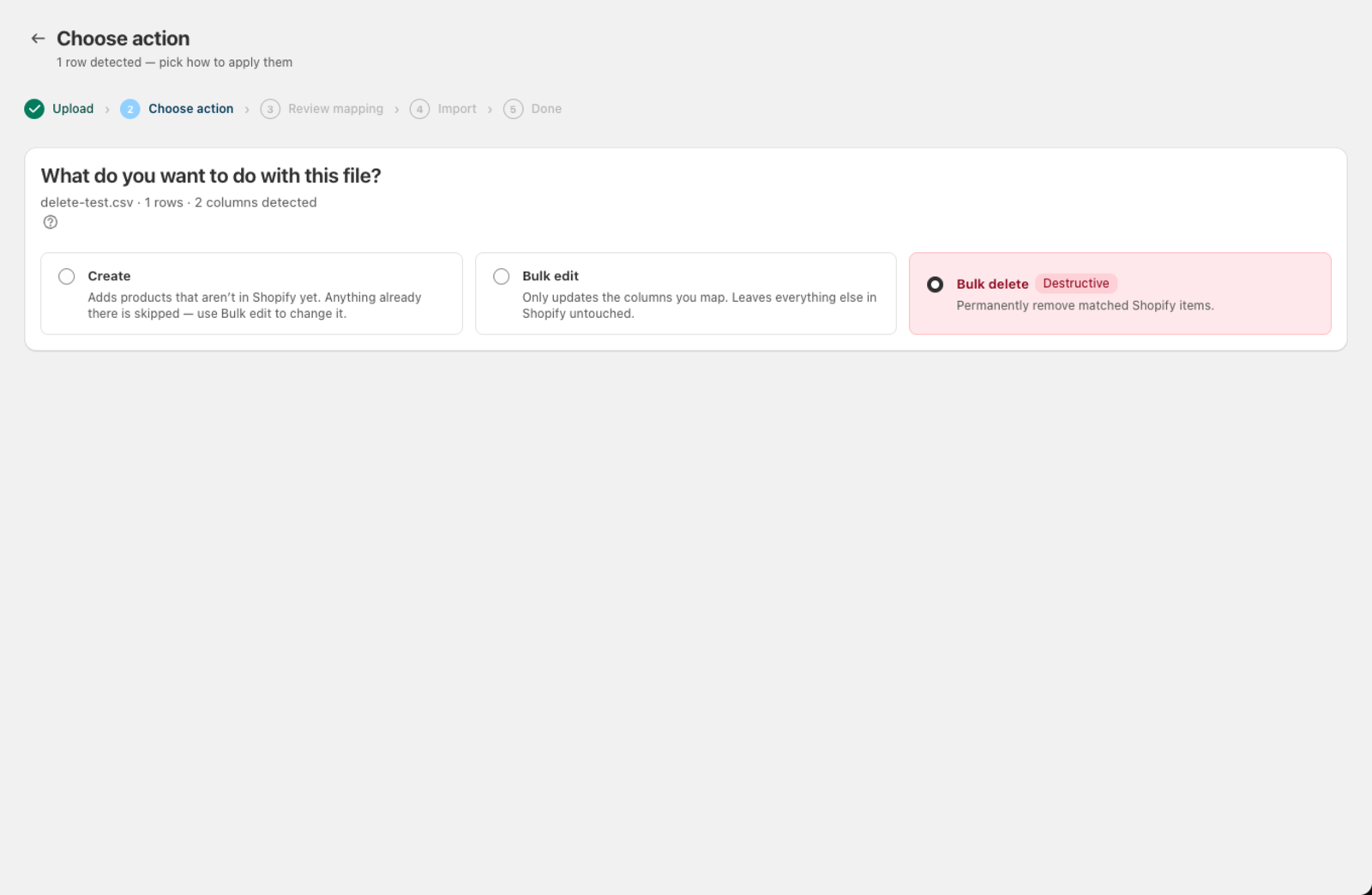 The action screen — Bulk delete selected, marked Destructive