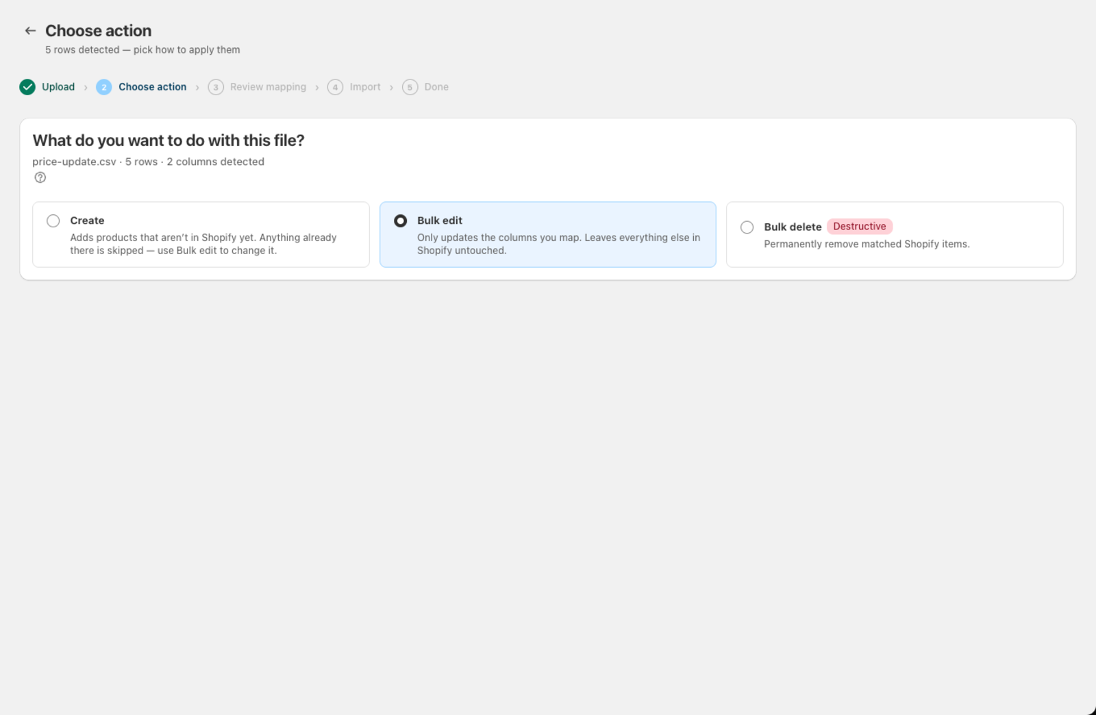 The action screen — Bulk edit selected