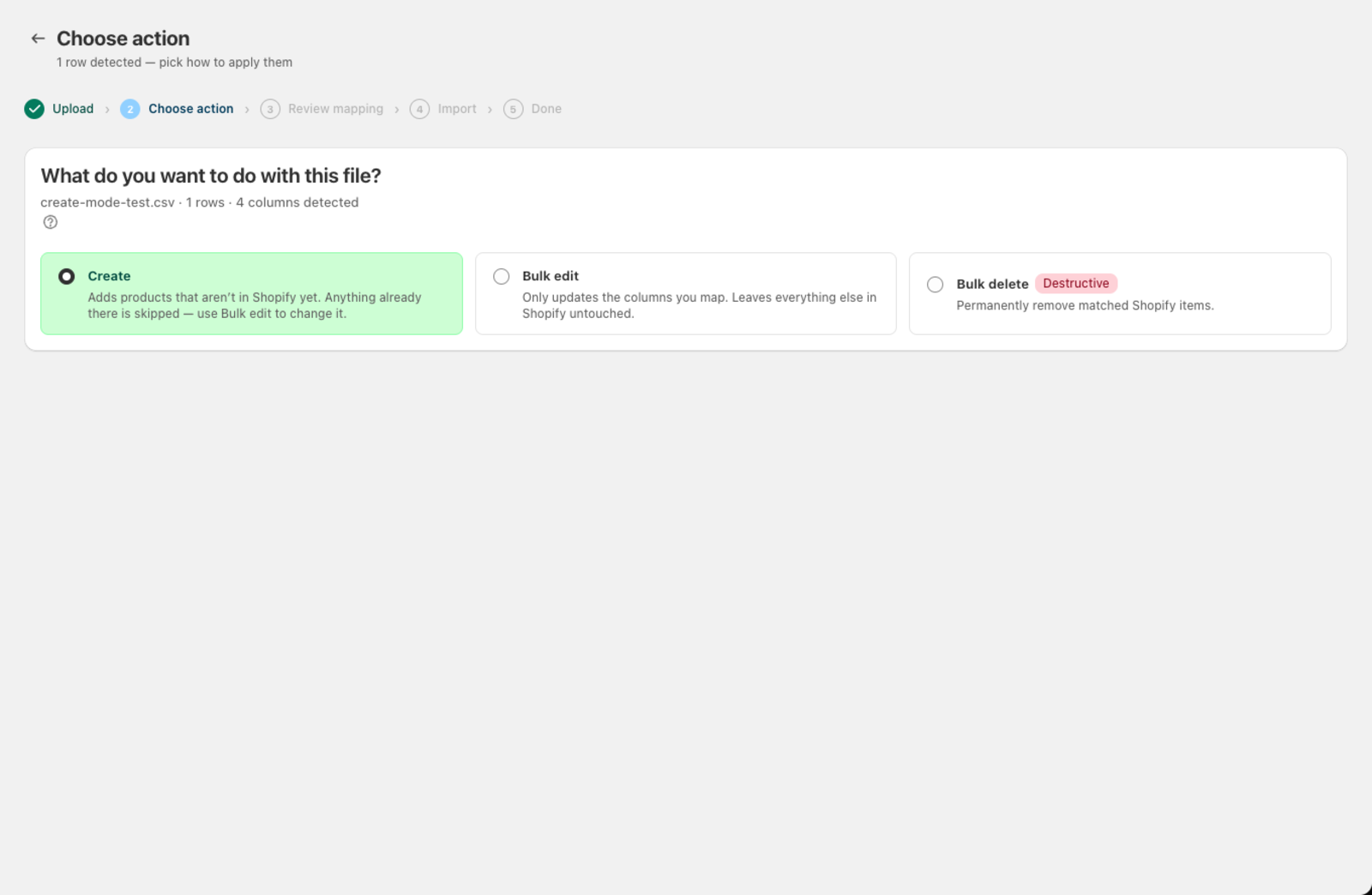 The action selection screen — Create is selected