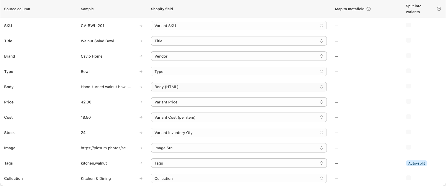 The column mapping table with a Collection column mapped to Shopify's Collection field