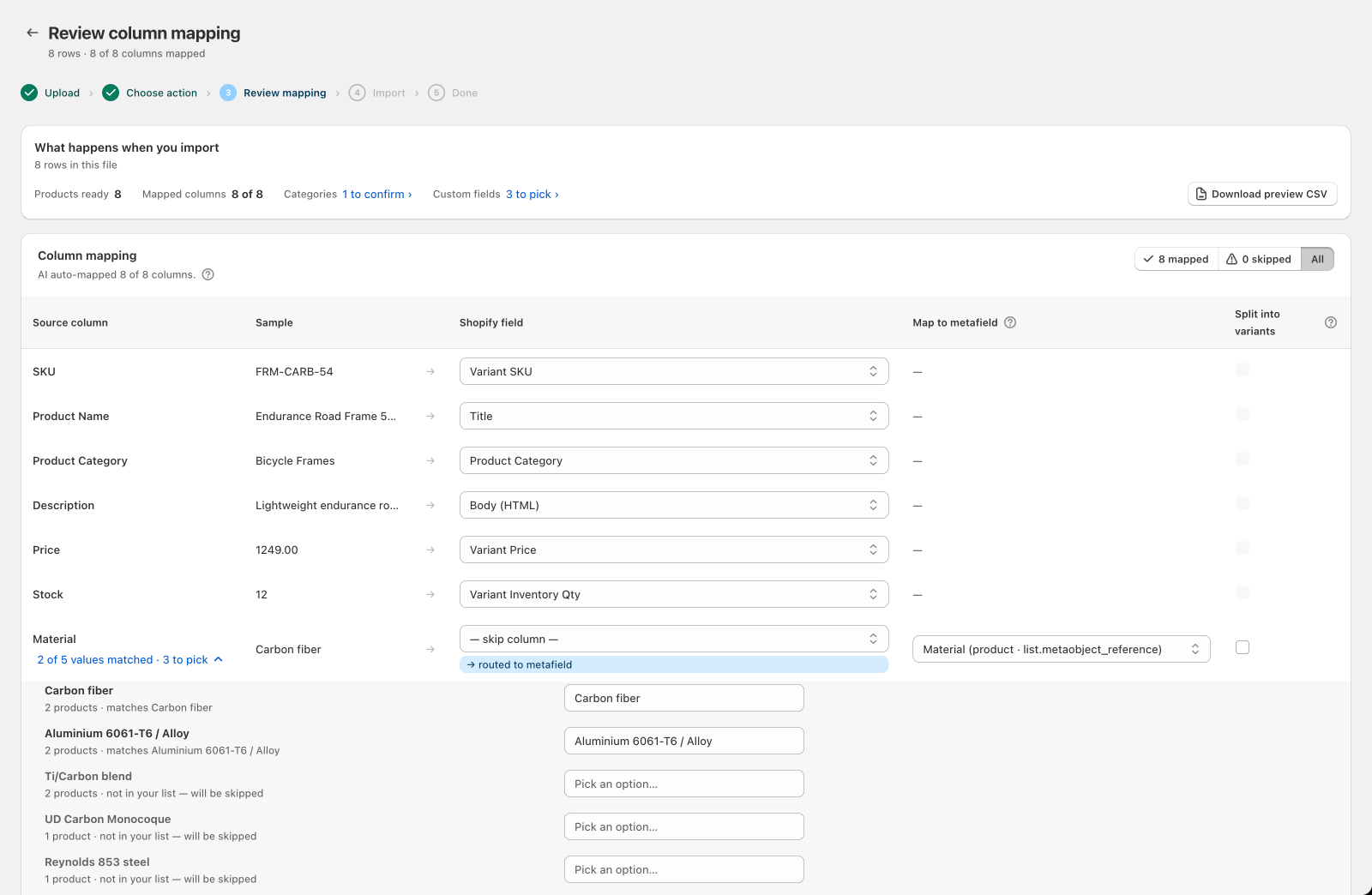 A column mapped to a custom field, opened to show each value from the file and a dropdown to change it