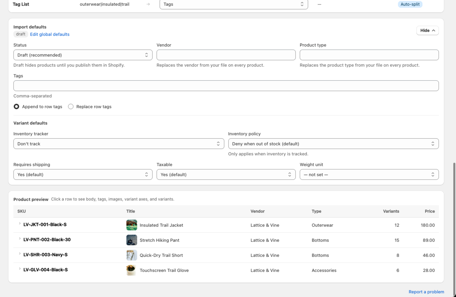 The expanded Import defaults panel with Product preview below it