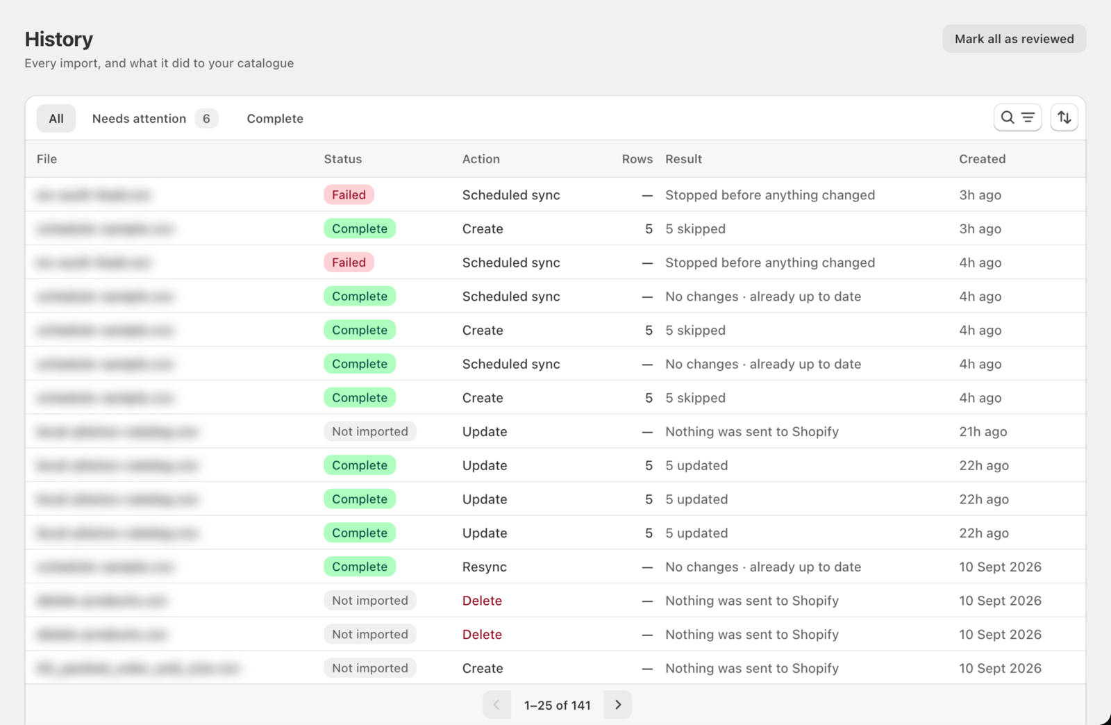 The History page showing a list of recent runs with File, Status, Action, Rows, Result, and Created columns