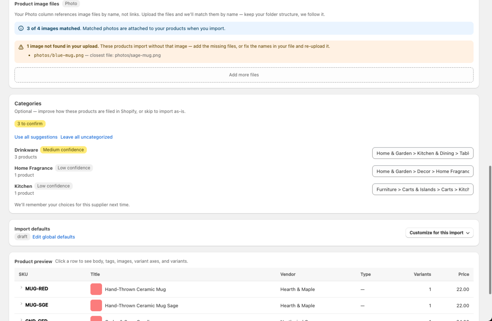 The card after upload, showing match and not-found banners with a suggested closest file
