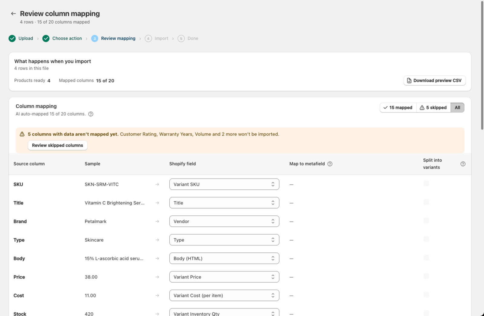 The column mapping table showing source columns, sample values, and Shopify field dropdowns