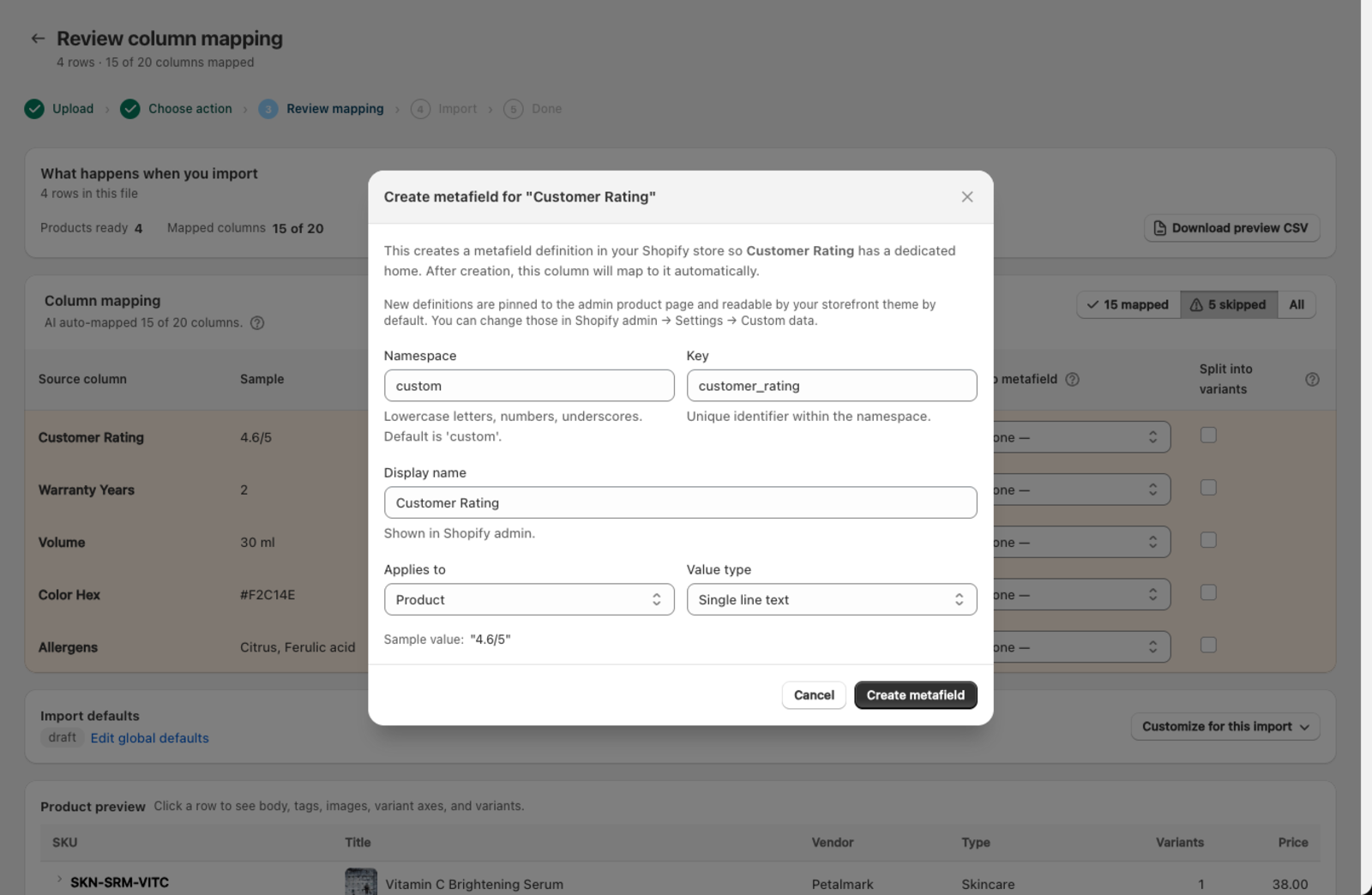 The Create metafield dialog, pre-filled from the column's data with a sample value shown