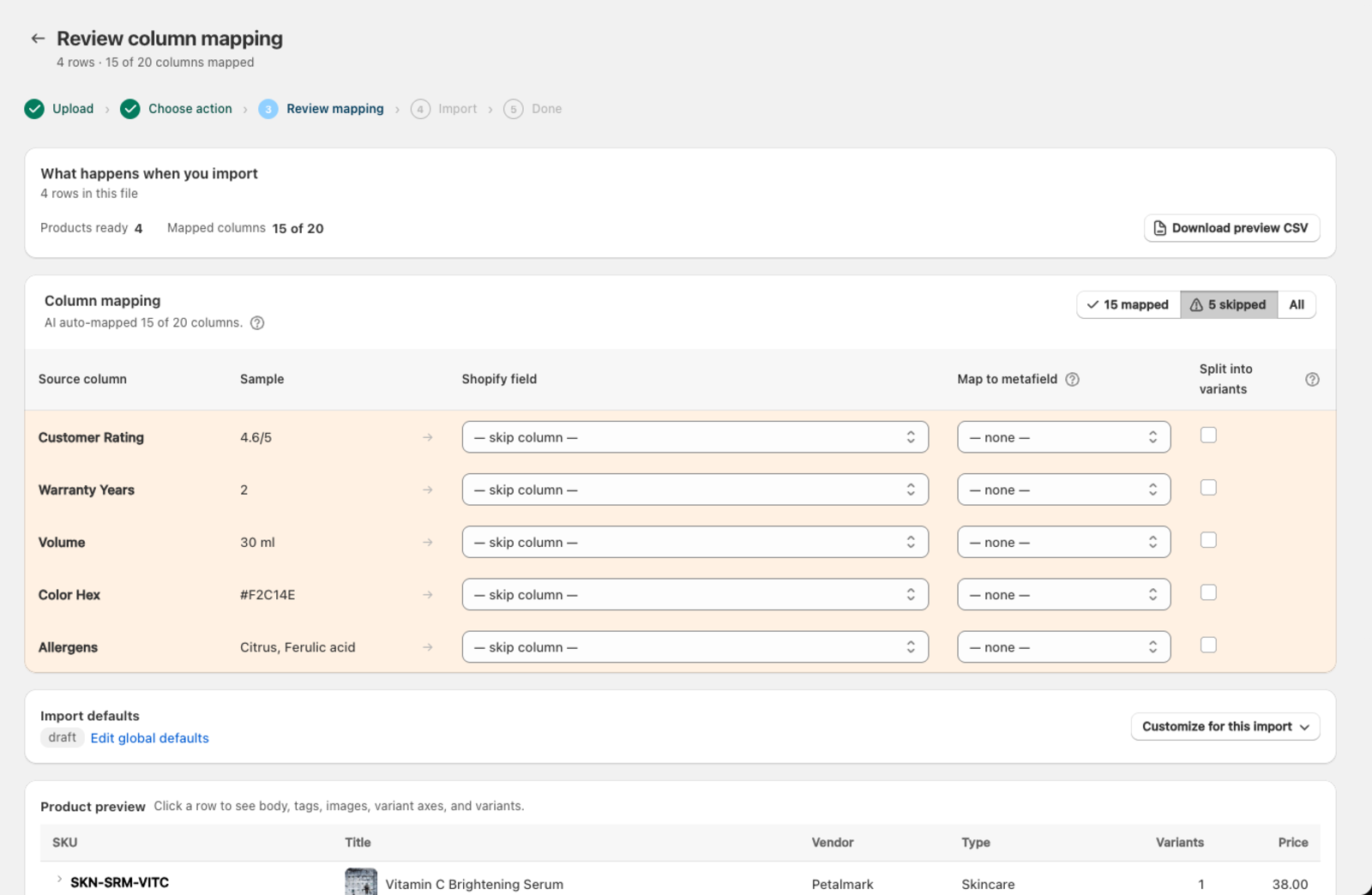 The mapping table filtered to skipped columns, each with data but no Shopify field chosen yet