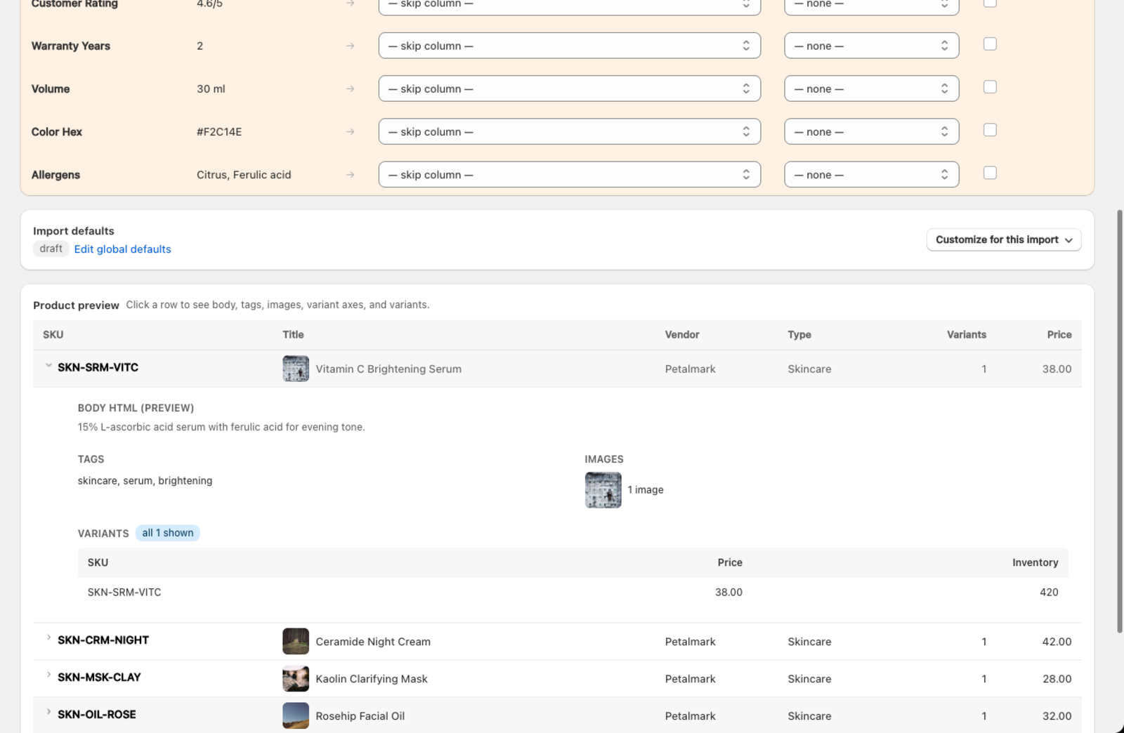 A product preview row expanded to show body text, tags, images, and variants