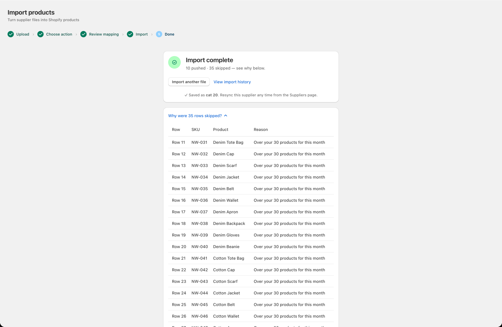 The Done screen listing rows skipped because the plan's products for the month were used