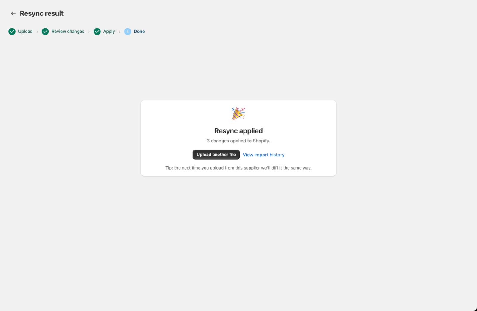 The Resync applied confirmation screen