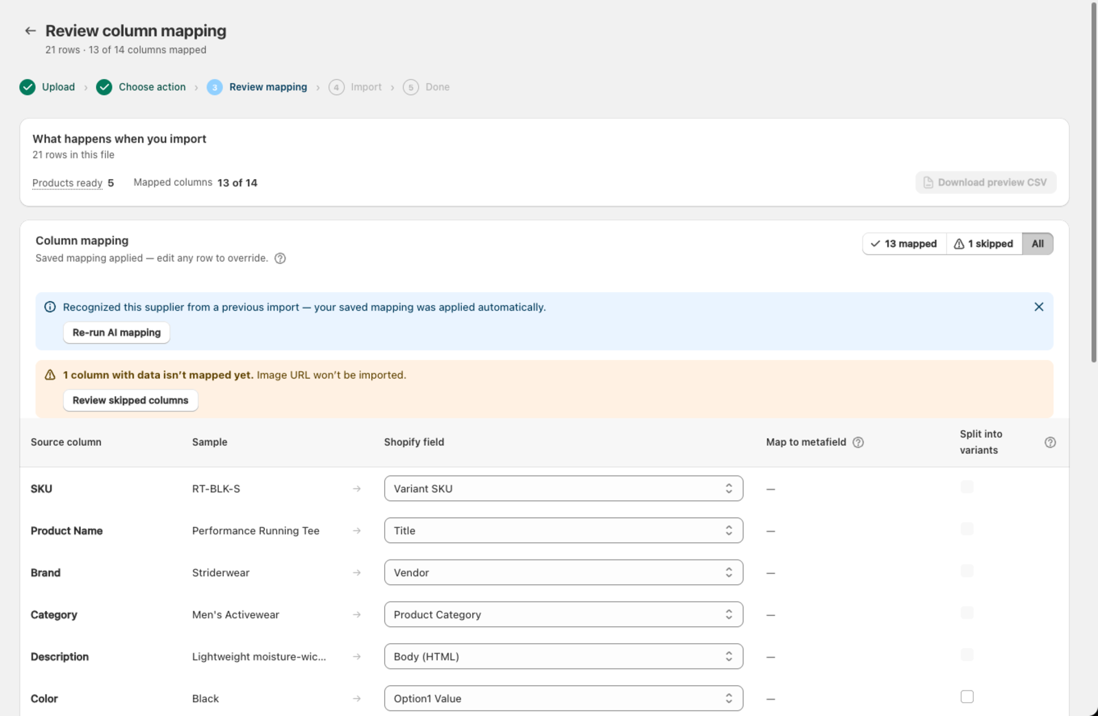 The Review column mapping screen reached from a schedule, with the saved mapping applied automatically