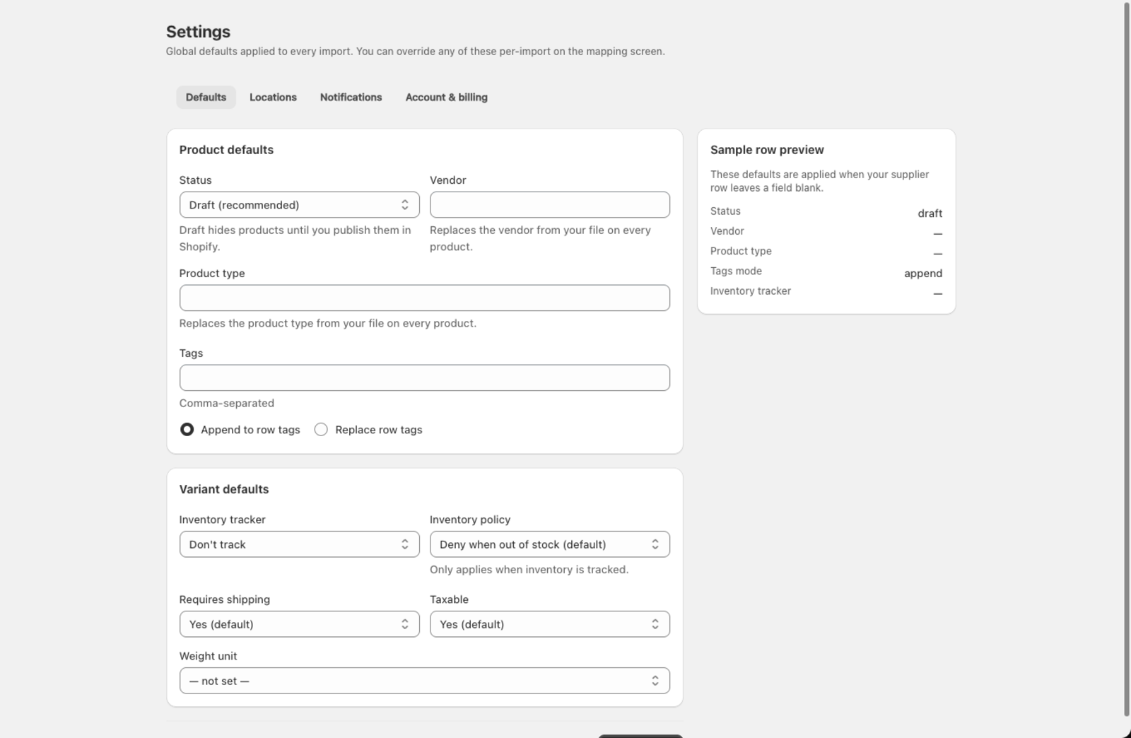 The Settings > Defaults tab showing product defaults, variant defaults, and a sample row preview