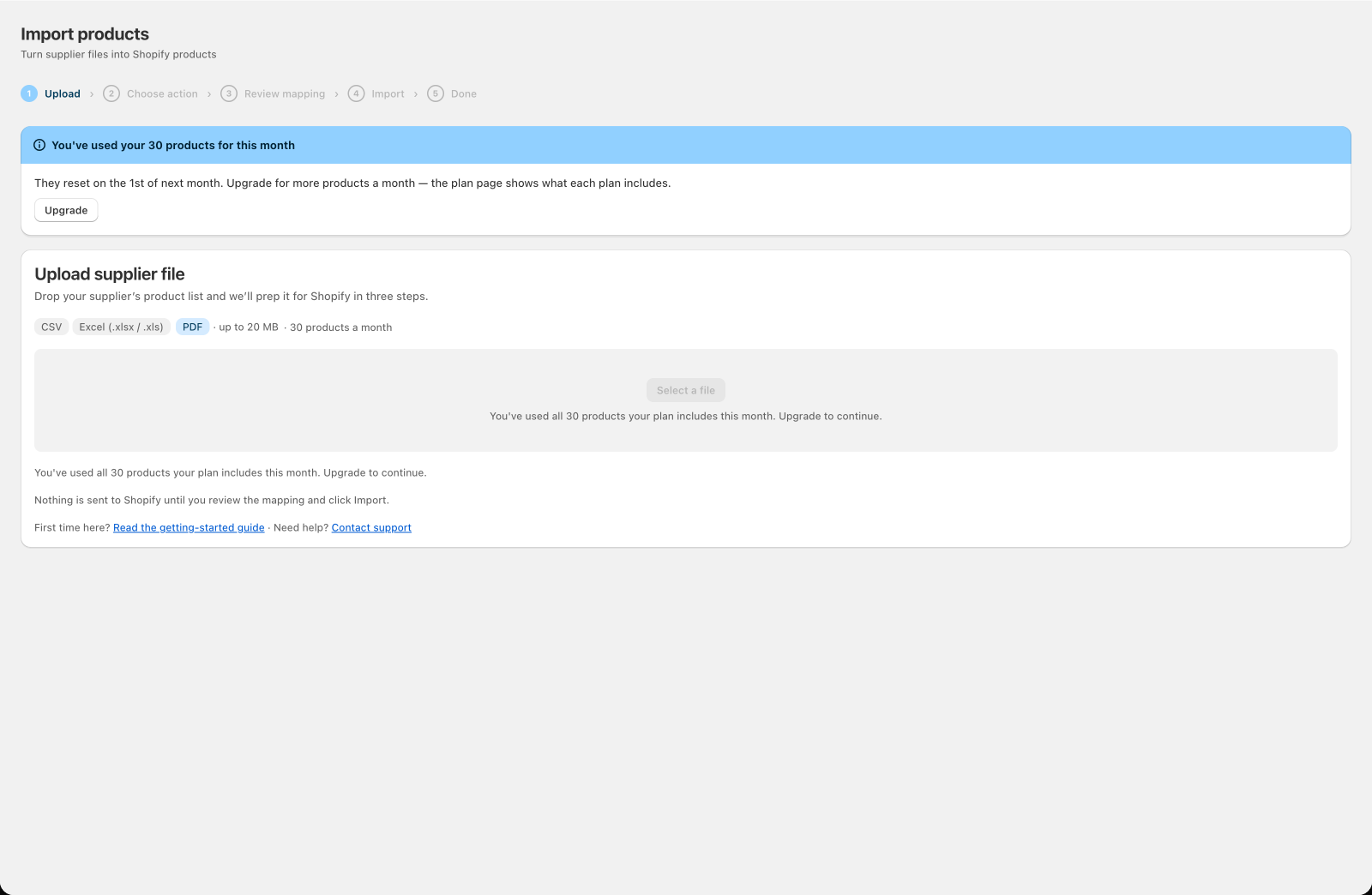 The upload screen after a month's products are used, with an Upgrade button