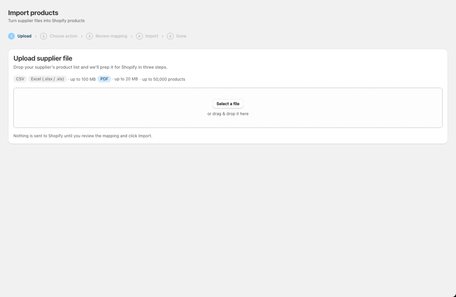 The upload screen showing accepted formats — make sure your file is CSV (UTF-8), Excel, or PDF