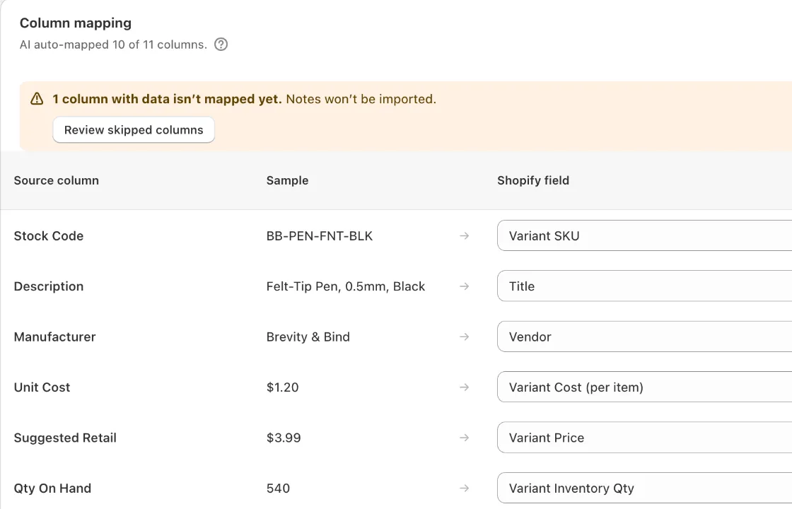Csvio's column mapping screen in Shopify admin: AI matched 10 of 11 columns. Stock Code fills Variant SKU, Description fills Title, Manufacturer fills Vendor, Unit Cost fills Variant Cost and Suggested Retail fills Variant Price. A warning says the Notes column won't be imported.