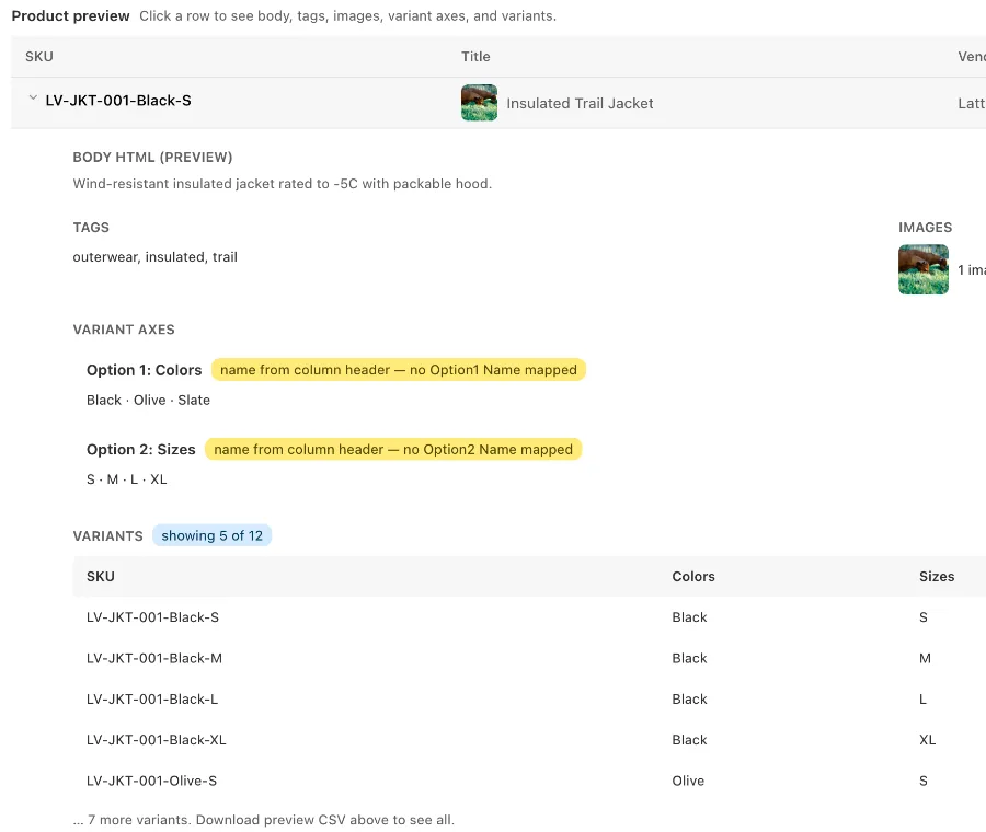 Csvio's product preview: an Insulated Trail Jacket row opened to show its description, tags, image, colour and size options, and its 12 variants with SKU, price and inventory.